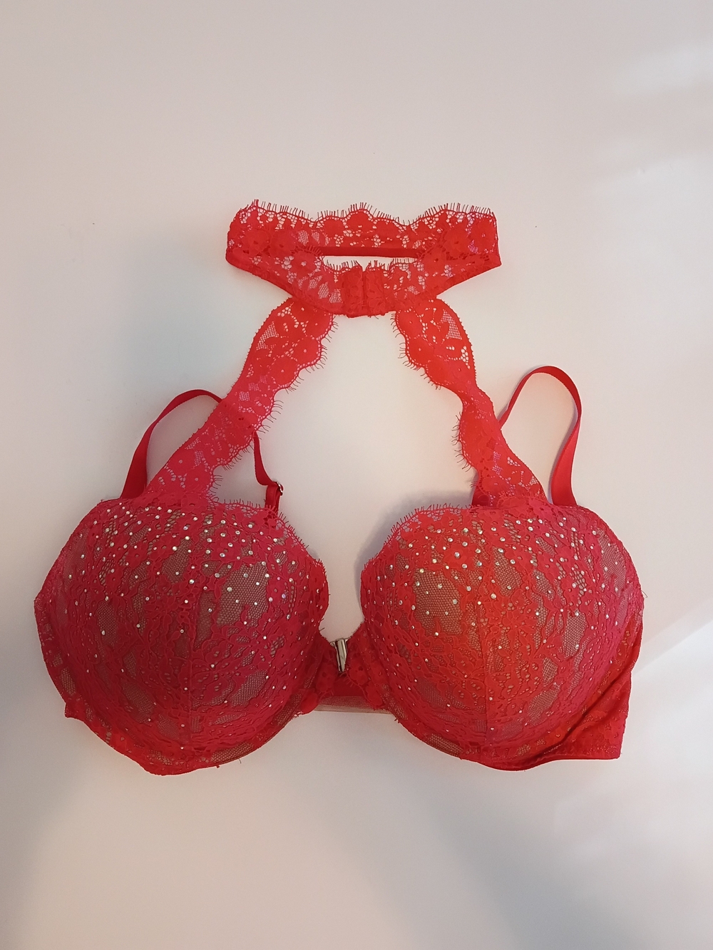 Victoria's Secret Very Sexy Push-Up Bra 38D Red Lace Rhinestone Halter